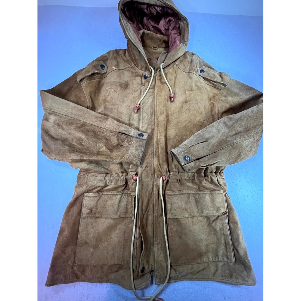 Vintage Buffalo Louie Safari Jacket Women XL Brown Leather Lined Hooded Full Zip